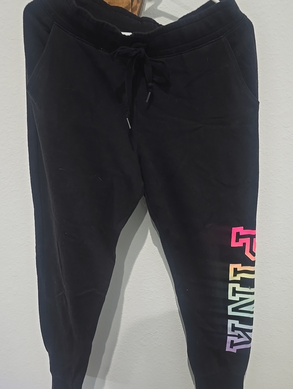 PINK Victoria's Secret Black Joggers with Neon Rainbow Logo